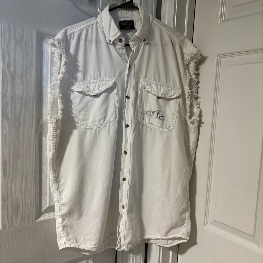 White Sleeveless Button-Up Bikercore Fringe Vest Shirt 100% Cotton